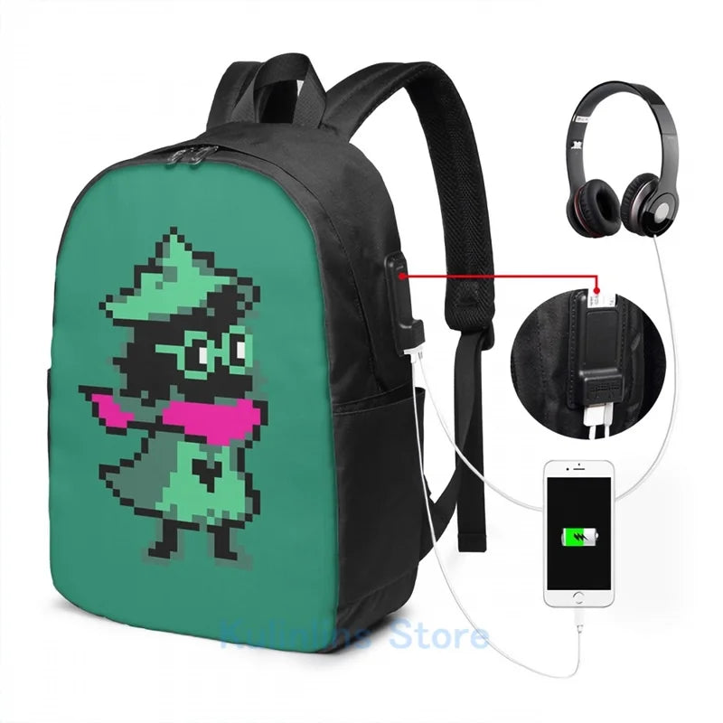 Funny Graphic Print Ralsei USB Charge Backpack School Travel Laptop Bag