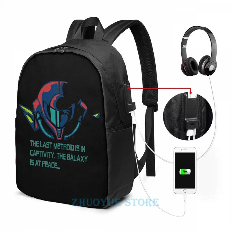 Metroid Debriefing USB Charge Backpack School Travel Laptop Bag
