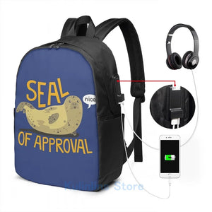 Funny Seal of Approval USB Charge Backpack Men Women Travel Laptop Bag