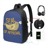 Funny Seal of Approval USB Charge Backpack Men Women Travel Laptop Bag