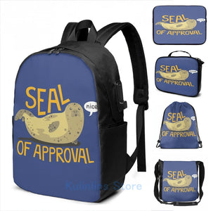 Funny Seal of Approval USB Charge Backpack Men Women Travel Laptop Bag