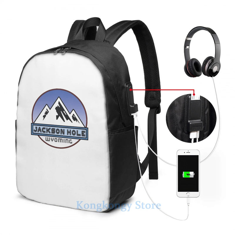 Jackson Hole Wyoming Mountain Snowboard Skiing USB Backpack