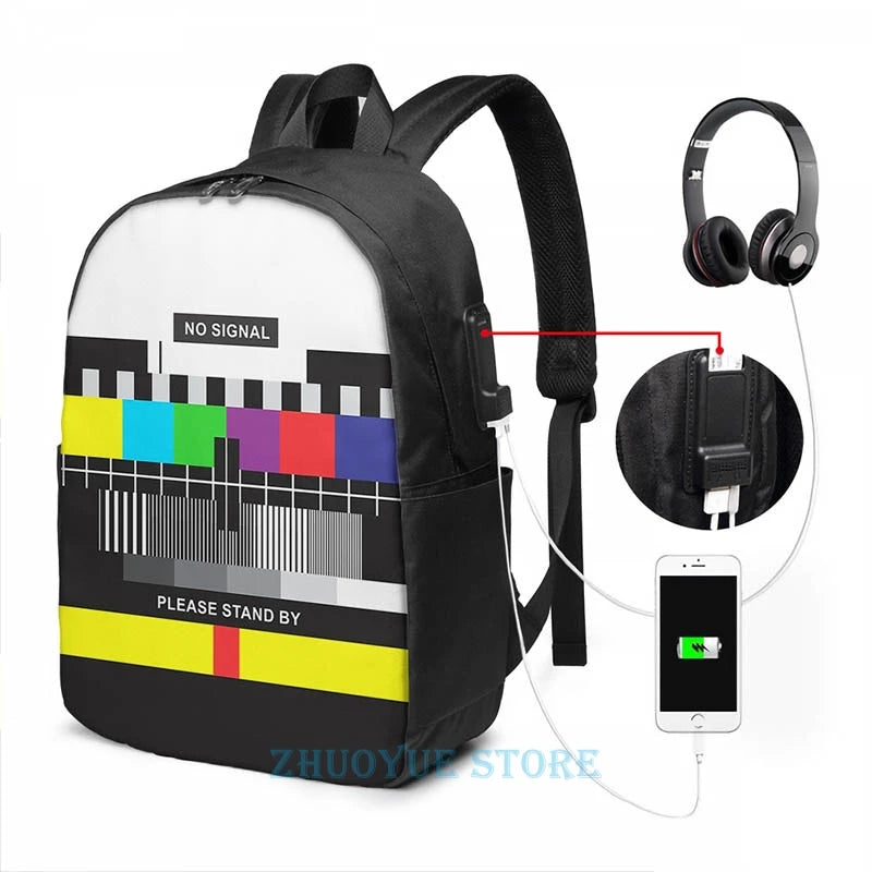 Funny Graphic Print TV No Signal USB Charge Backpack School Bag