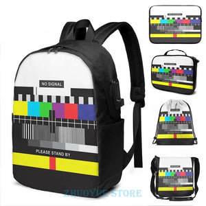 Funny Graphic Print TV No Signal USB Charge Backpack School Bag
