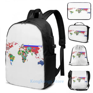 World Flags Map USB Charge Backpack Travel Laptop Bag