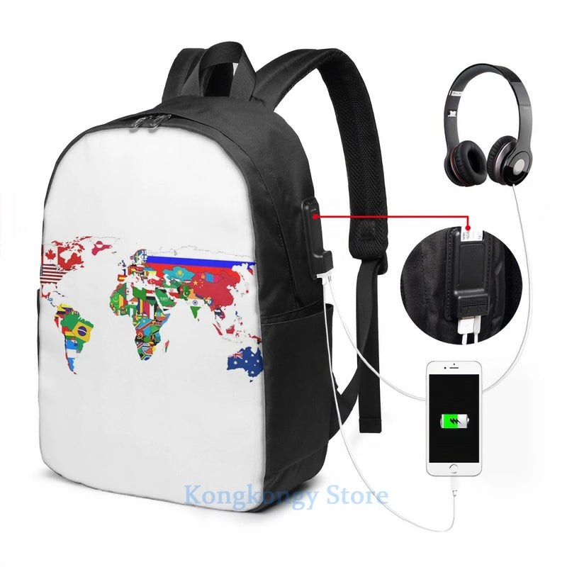 World Flags Map USB Charge Backpack Travel Laptop Bag