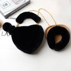 Faux Fur Heart Purse & Headband Set Lady Handbag