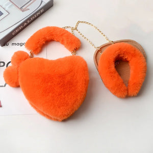 Faux Fur Heart Purse & Headband Set Lady Handbag