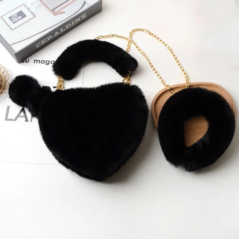 Faux Fur Heart Purse & Headband Set Lady Handbag