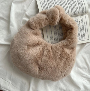 Furry Faux Fur Bow Handle Hobos Clutch Bags