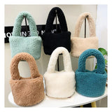 Faux Fur Small Bucket Handle Clutch Bag Lambswool Purses