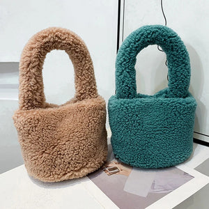 Faux Fur Small Bucket Handle Clutch Bag Lambswool Purses