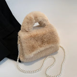 Furry Plush Women Wristlet Top Handle Evening Wallet Beaded Pearly Shoulder Cros