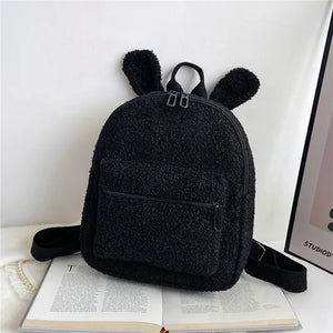 Fuzzy Rabbit Backpack Fluffy Plush School Bag With Bunny Ears Zipper-Open
