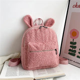 Fuzzy Rabbit Backpack Fluffy Plush School Bag With Bunny Ears Zipper-Open