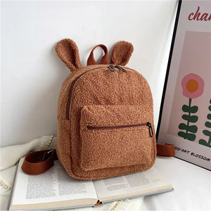 Fuzzy Rabbit Backpack Fluffy Plush School Bag With Bunny Ears Zipper-Open
