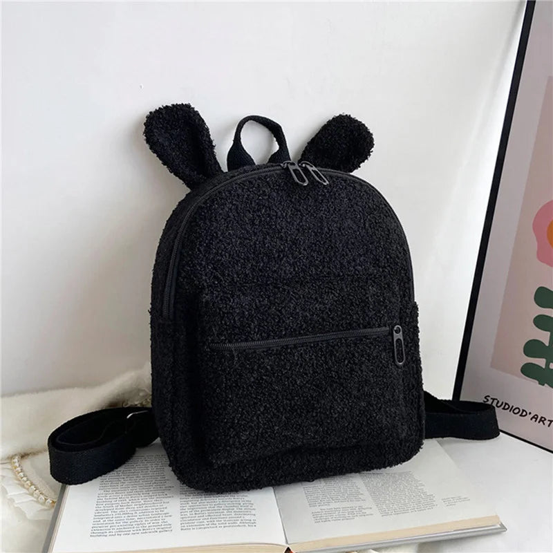 Fuzzy Rabbit Backpack Fluffy Plush School Bag with Bunny Ears Zipper