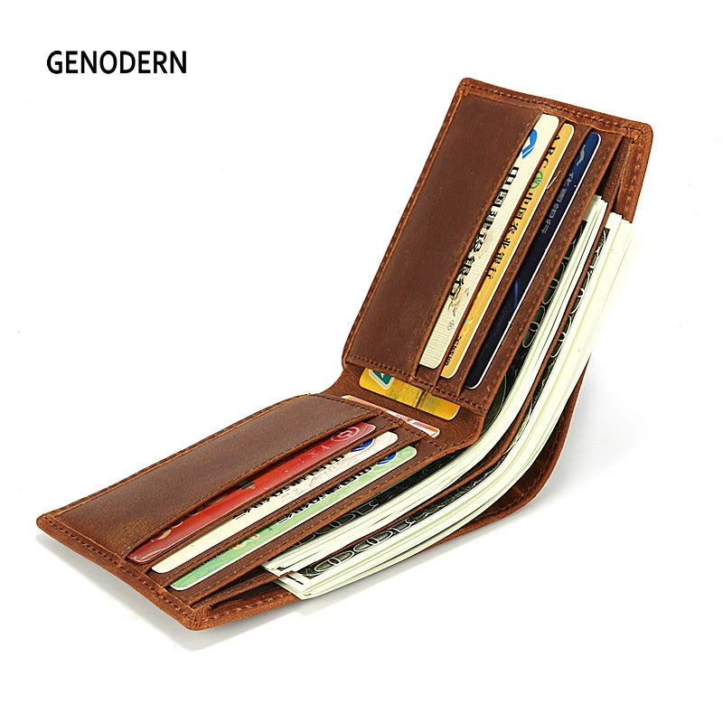 Crazy Horse Leather Men Short Wallet Bifold Horizontal Male Purse
