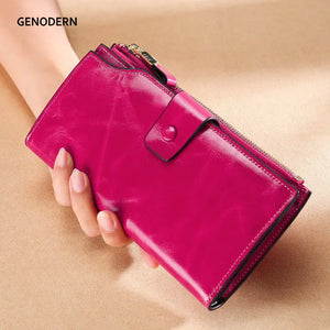 Anti-Theft RFID Leather Long Women Wallet Oilwax Clutch Purse