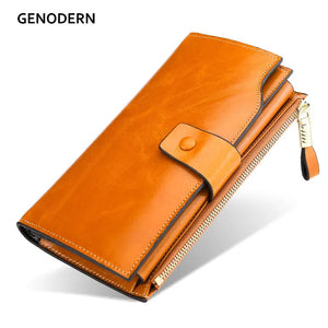 Leather Lady's Wallet RFID Anti Theft Brush Long Oil Wax Mobile Phone Clutch Bag