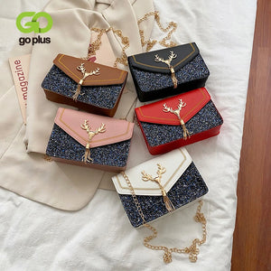 Antlers Sequins Chains Small Square Bag Girl Shoulder Crossbody
