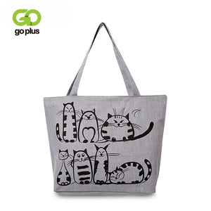 Women's Cat Print Large Tote Shoulder Bag Purse Canvas Bolsa Feminina