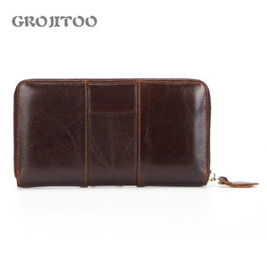 Men's Oil Wax Leather Long Wallet Clutch Bag Zipper Top Layer