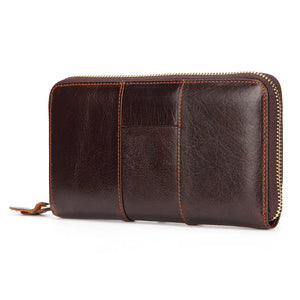 Men's Oil Wax Leather Long Wallet Clutch Bag Zipper Top Layer