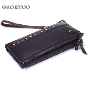 Men's Cowhide Handbag Double Zipper Long Wallet Soft Leather Business Purse