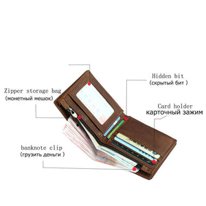 Crazy Horse Leather Zip Men's Wallet Short Bifold
