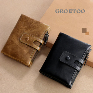 RFID Men's Wallet Double Zipper Buckle Short Purse Leather Wallet
