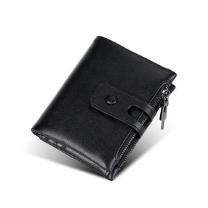 RFID Men's Wallet Double Zipper Buckle Short Purse Leather Wallet