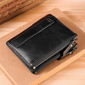 RFID Leather Wallet for Men Double Zipper Vertical Pocket