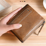 RFID Leather Wallet for Men Double Zipper Vertical Pocket