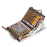 RFID Leather Wallet for Men Double Zipper Vertical Pocket