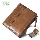 RFID Leather Wallet for Men Double Zipper Vertical Pocket