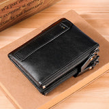 RFID Leather Wallet for Men Double Zipper Vertical Pocket