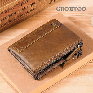 RFID Leather Wallet for Men Double Zipper Vertical Pocket