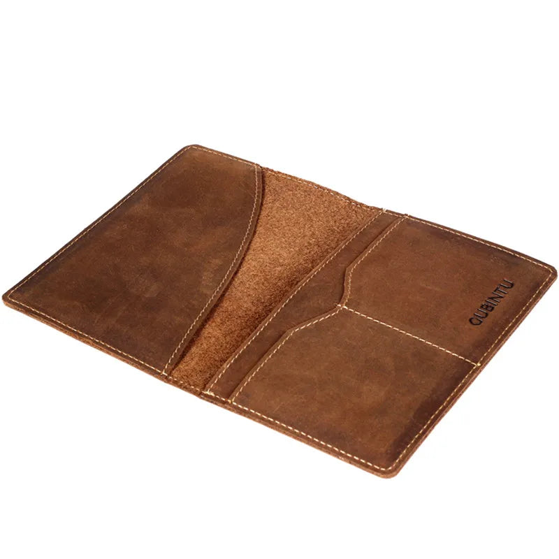 Men's Crazy Horse Leather Passport Wallet Vintage Brown Slim Holder Wallet