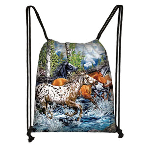 Animal Horse Print Drawstring Bag Storage Travel Backpack Girls Bookbag