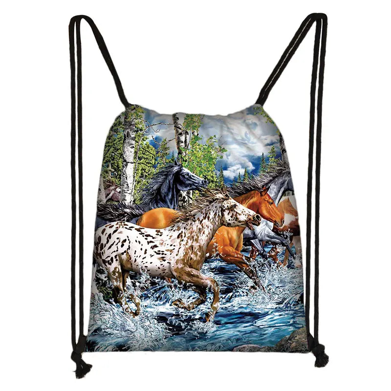 Animal Horse Print Drawstring Bag Storage Travel Backpack Girls Bookbag
