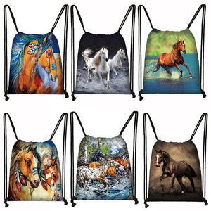 Animal Horse Print Drawstring Bag Storage Travel Backpack Girls Bookbag