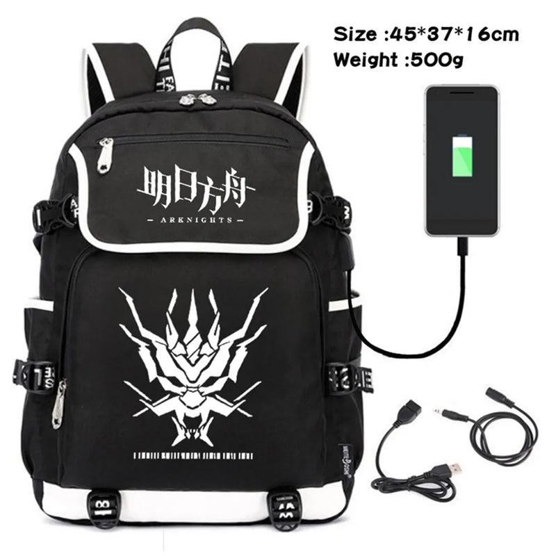 Arknights Canvas Backpack USB Charging Shoulders Teenagers Zipper Travel Laptop