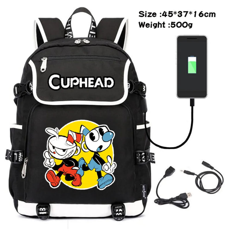 Cuphead Mugman Canvas Backpack Schoolbag USB Charging Travel Laptop Bag