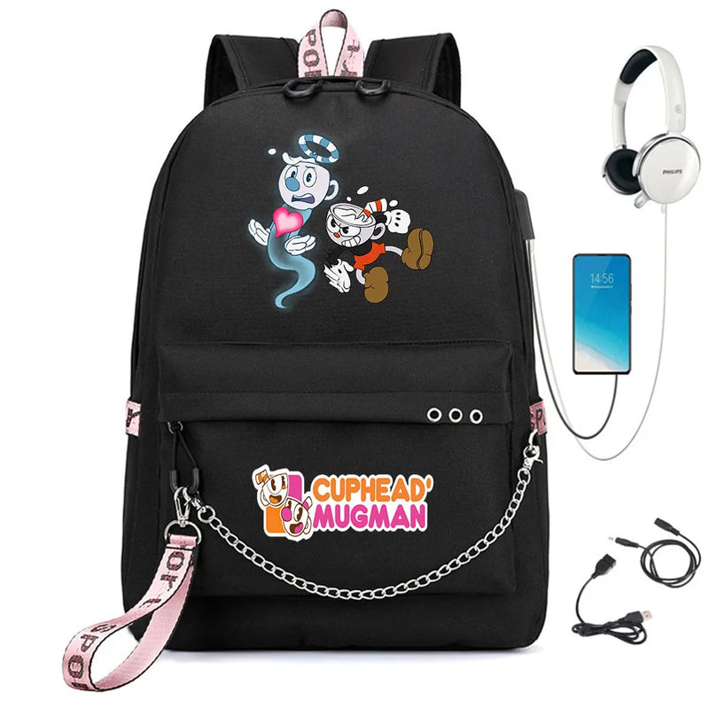 Cuphead Print Backpack USB Charging Headphone Teenagers Student Schoolbag