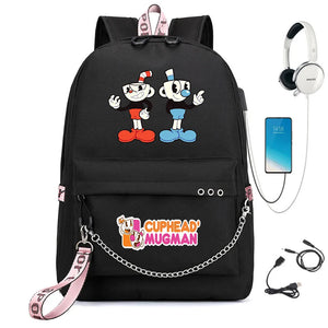 Cuphead Print Backpack USB Charging Headphone Teenagers Student Schoolbag