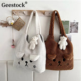 Geestock Winter Plush Bag Cartoon Embroidery Lamb Hair Shoulder Bags