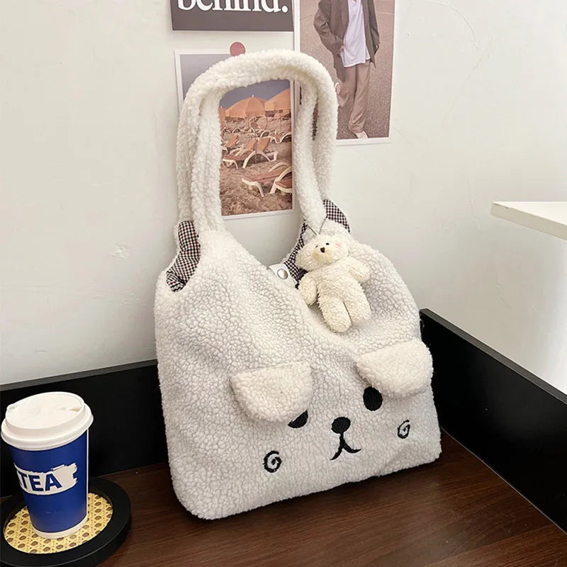 Geestock Winter Plush Bag Cartoon Embroidery Lamb Hair Shoulder Bags