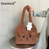 Geestock Winter Plush Bag Cartoon Embroidery Lamb Hair Shoulder Bags
