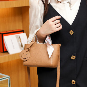 Vintage Small Handbags Cowhide Leather Ribbon Smiling Face Girls Shoulderbag